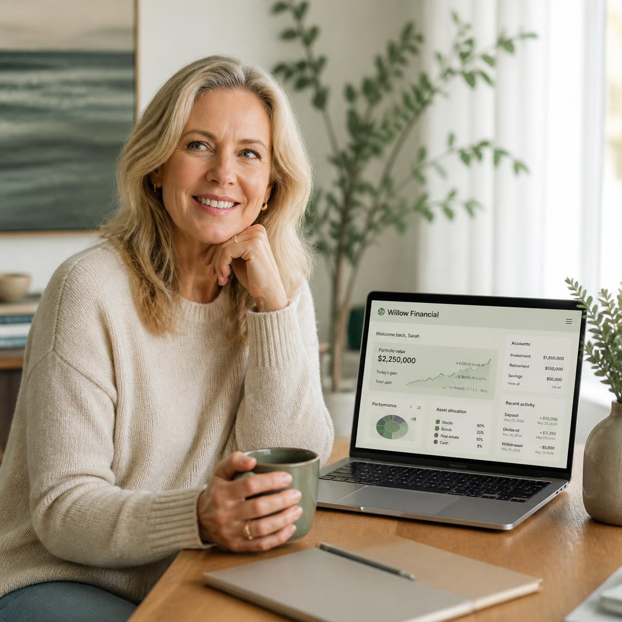 Woman planning her retirement with a Freedom Forecast dashboard on her laptop